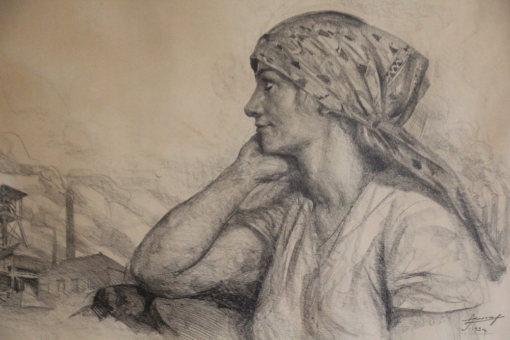 Lucien Jonas, Coal Miner's Wife, Charcoal Drawing, 1934, Framed