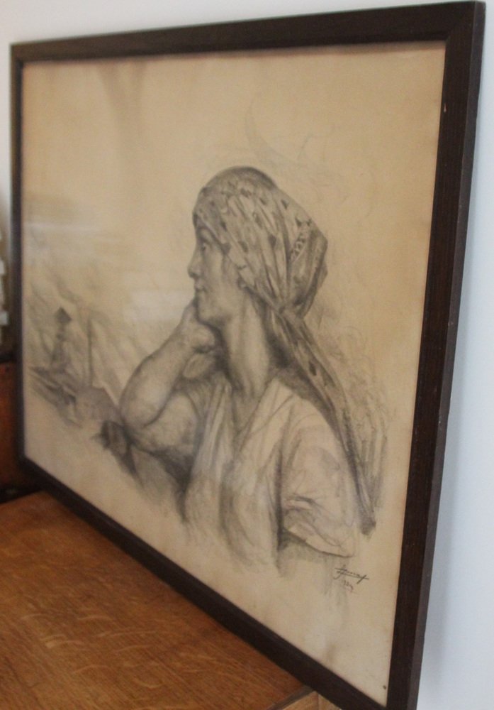 Lucien Jonas, Coal Miner's Wife, Charcoal Drawing, 1934, Framed