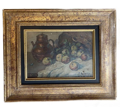 Ludovic Gignoux, Still Life with Apples, 20th Century, Oil on Board, Framed