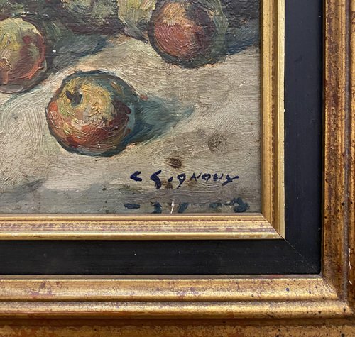 Ludovic Gignoux, Still Life with Apples, 20th Century, Oil on Board, Framed