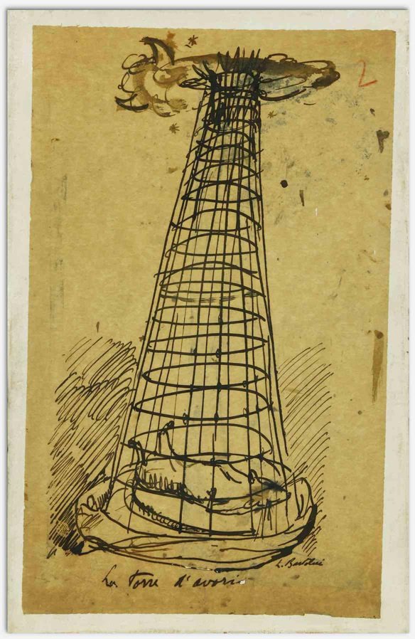 Luigi Bartolini, La Torre D'Avorio, China Ink Drawing, 1940s