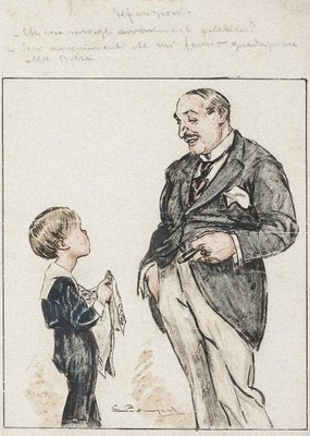 Luigi Bompard - Man and Child - Mixed Media Drawing - Early 20th Century-ZCI-830709