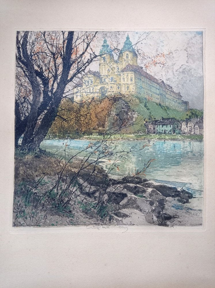 Luigi Kasimir, View from Vienna (Melk Abbey), Handcoloured Etching, 1920s