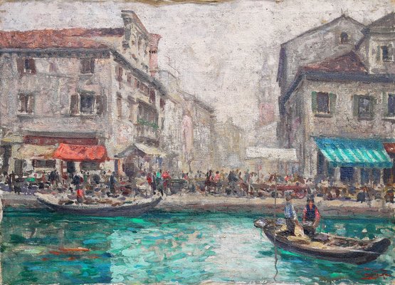 Luigi Pagan, Market of Chioggia, 1920s, Oil on Canvas, Framed-BGS-1437999