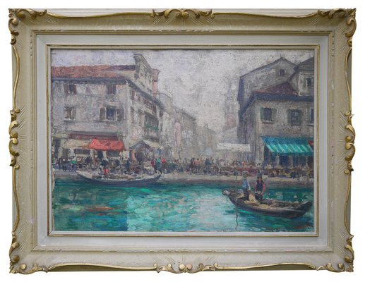 Luigi Pagan, Market of Chioggia, 1920s, Oil on Canvas, Framed-BGS-1437999