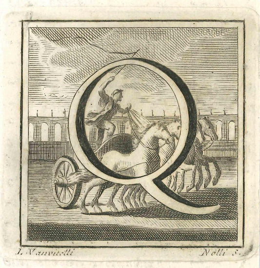 Luigi Vanvitelli, Letter of the Alphabet Q, Etching, 18th Century