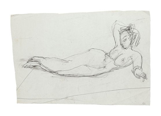 Lying Nude - Original Pencil Drawing by Jeanne Daour - 1950s 1950s-ZCI-758322