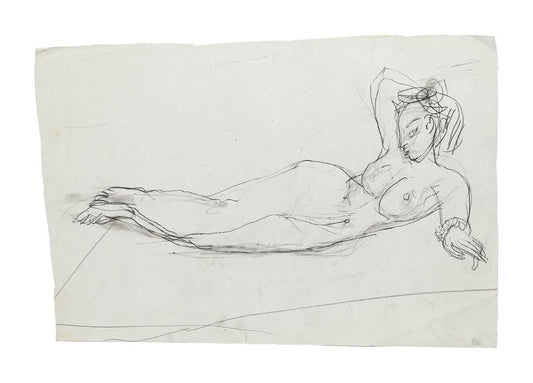 Lying Nude - Original Pencil Drawing by Jeanne Daour - 1950s 1950s