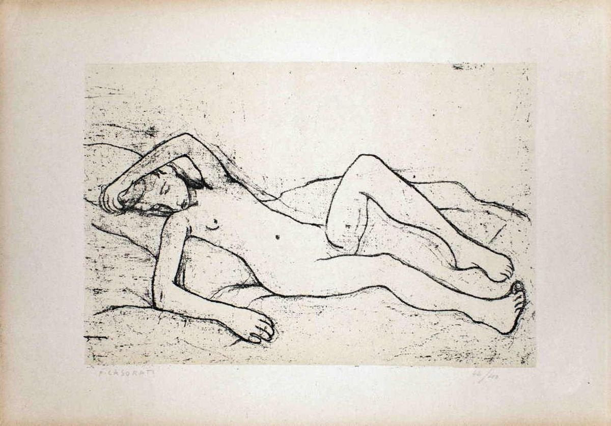 Lying Nude Woman - Original Lithograph by Felice Casorati - 1946 1946