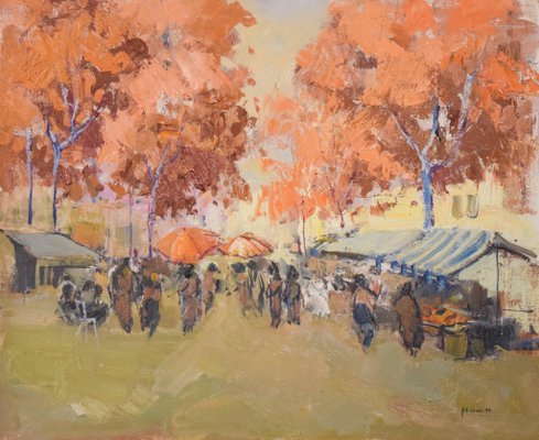 M. Casas, Autumn Market Scene, 1992, Oil on Canvas, Framed-AOI-1106709