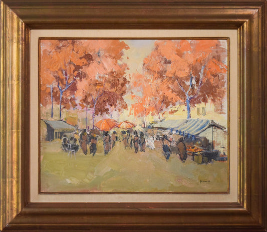 M. Casas, Autumn Market Scene, 1992, Oil on Canvas, Framed