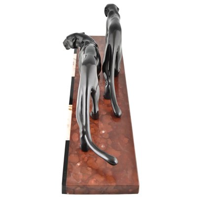 M. Font, Art Deco Sculpture of Two Panthers, 1930, Metal on Marble Base-KTN-2028877