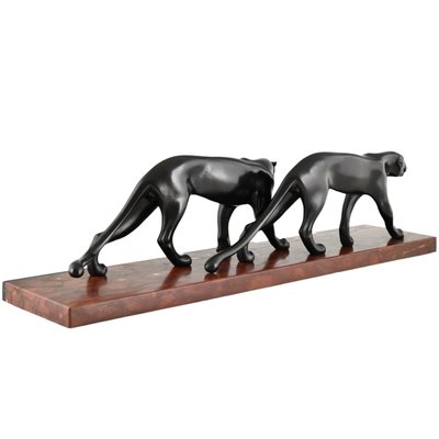 M. Font, Art Deco Sculpture of Two Panthers, 1930, Metal on Marble Base-KTN-2028877