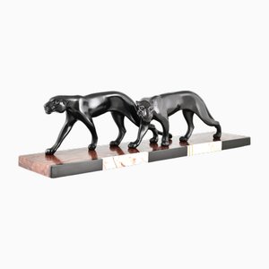 M. Font, Art Deco Sculpture of Two Panthers, 1930, Metal on Marble Base-KTN-2028877