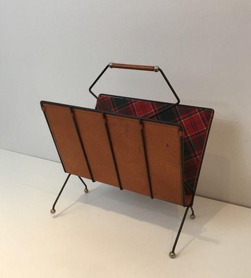 Magazine Rack in Black Lacquered Metal & Leather with Tile Fabrics-BA-1365530