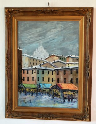 Maggioni Ferma, Market in Downtown Milan, 1975, Oil on Canvas-IYX-1756372