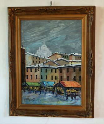 Maggioni Ferma, Market in Downtown Milan, 1975, Oil on Canvas-IYX-1756372