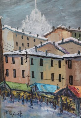 Maggioni Ferma, Market in Downtown Milan, 1975, Oil on Canvas-IYX-1756372