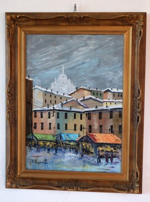 Maggioni Ferma, Market in Downtown Milan, 1975, Oil on Canvas-IYX-1756372