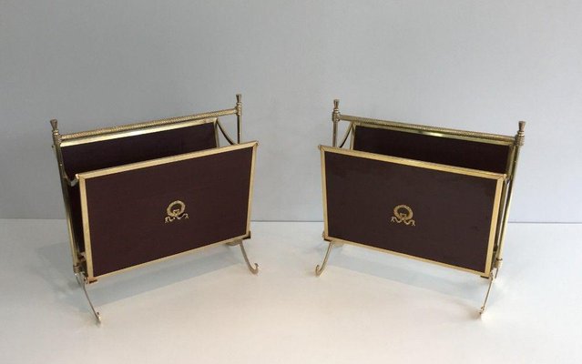 Mahogany and Brass Magazine Racks Attributed to Maison Jansen House, Set of 2-BA-1365583