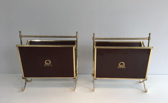 Mahogany and Brass Magazine Racks Attributed to Maison Jansen House, Set of 2-BA-1365583