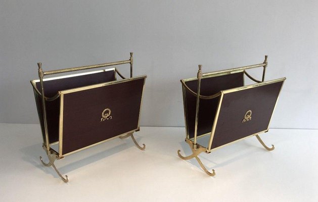 Mahogany and Brass Magazine Racks Attributed to Maison Jansen House, Set of 2-BA-1365583