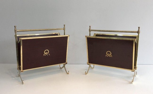 Mahogany and Brass Magazine Racks Attributed to Maison Jansen House, Set of 2-BA-1365583