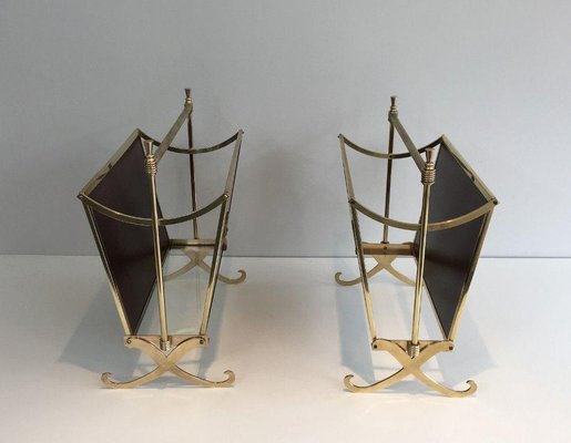 Mahogany and Brass Magazine Racks Attributed to Maison Jansen House, Set of 2-BA-1365583