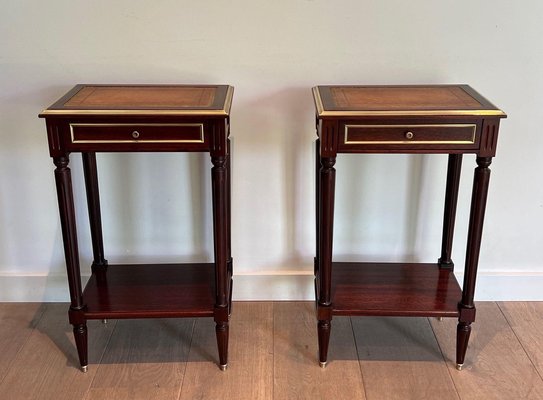 Mahogany and Brass Nightstands with Leather Trays in the Style of Maison Jansen, 1940s, Set of 2-BA-1740050