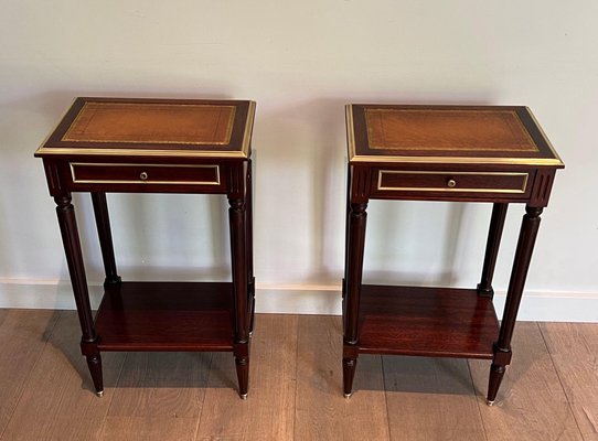 Mahogany and Brass Nightstands with Leather Trays in the Style of Maison Jansen, 1940s, Set of 2-BA-1740050