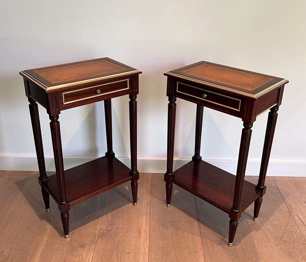 Mahogany and Brass Nightstands with Leather Trays in the Style of Maison Jansen, 1940s, Set of 2-BA-1740050