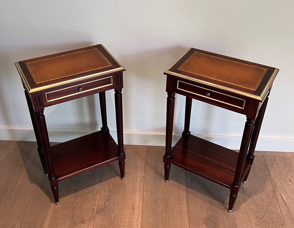 Mahogany and Brass Nightstands with Leather Trays in the Style of Maison Jansen, 1940s, Set of 2-BA-1740050