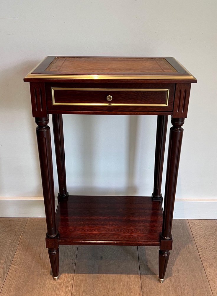 Mahogany and Brass Nightstands with Leather Trays in the Style of Maison Jansen, 1940s, Set of 2