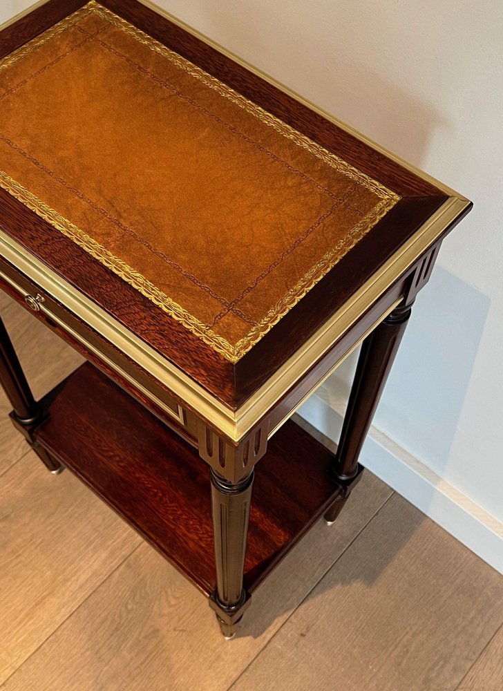 Mahogany and Brass Nightstands with Leather Trays in the Style of Maison Jansen, 1940s, Set of 2