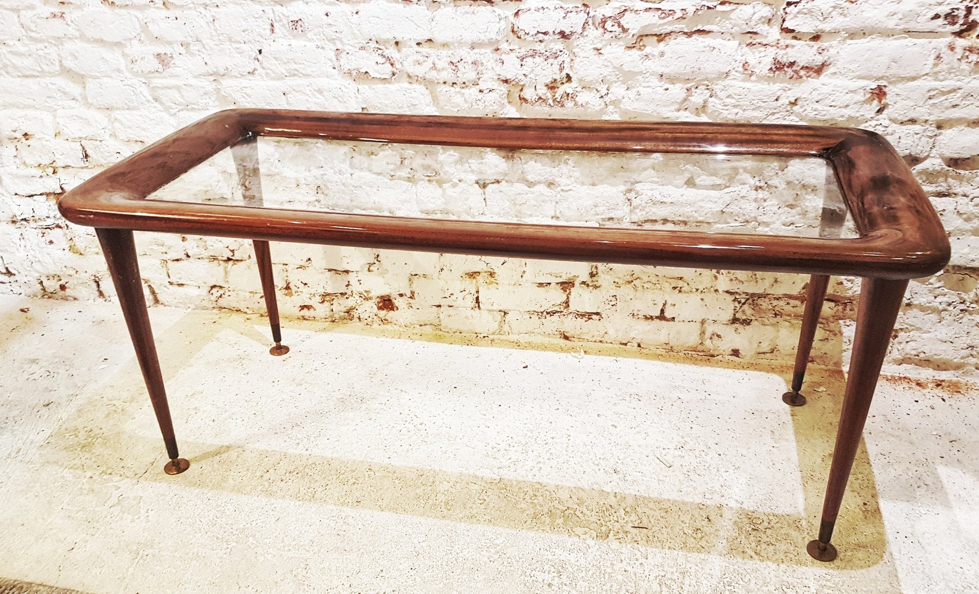 Mahogany and Glass Coffee Table with Brass Feet in the Style of Paolo Buffa, Italy, 1950s