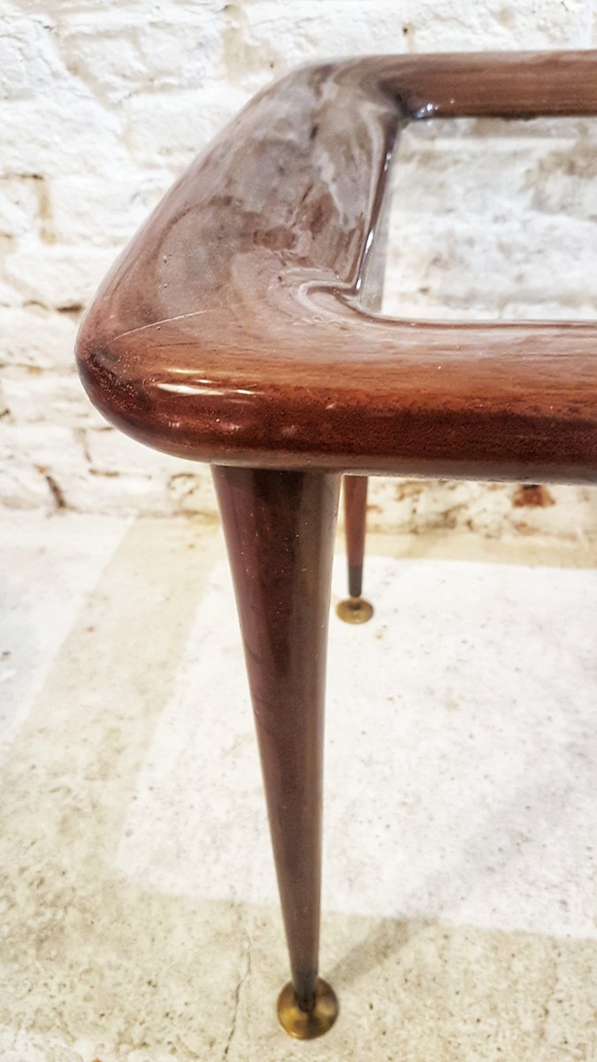 Mahogany and Glass Coffee Table with Brass Feet in the Style of Paolo Buffa, Italy, 1950s