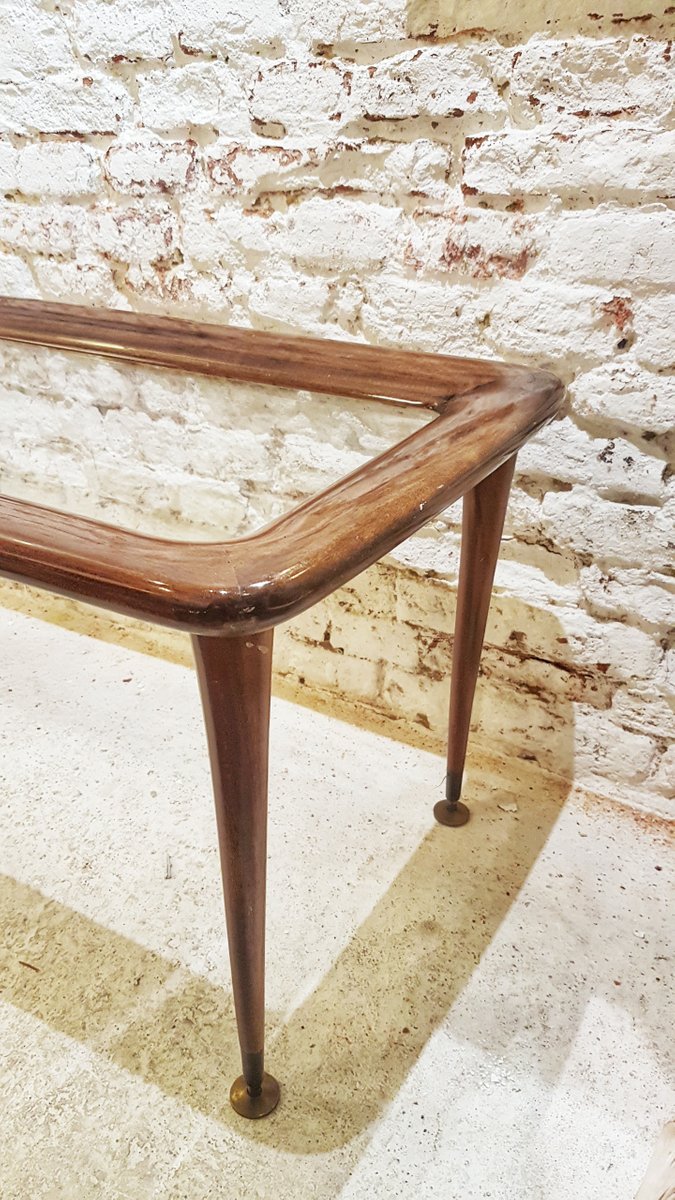 Mahogany and Glass Coffee Table with Brass Feet in the Style of Paolo Buffa, Italy, 1950s