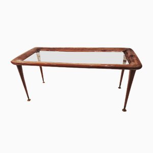 Mahogany and Glass Coffee Table with Brass Feet in the Style of Paolo Buffa, Italy, 1950s-PCJ-698793