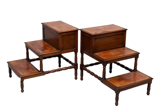 Mahogany and Leather Library Steps, England, 1930, Set of 2