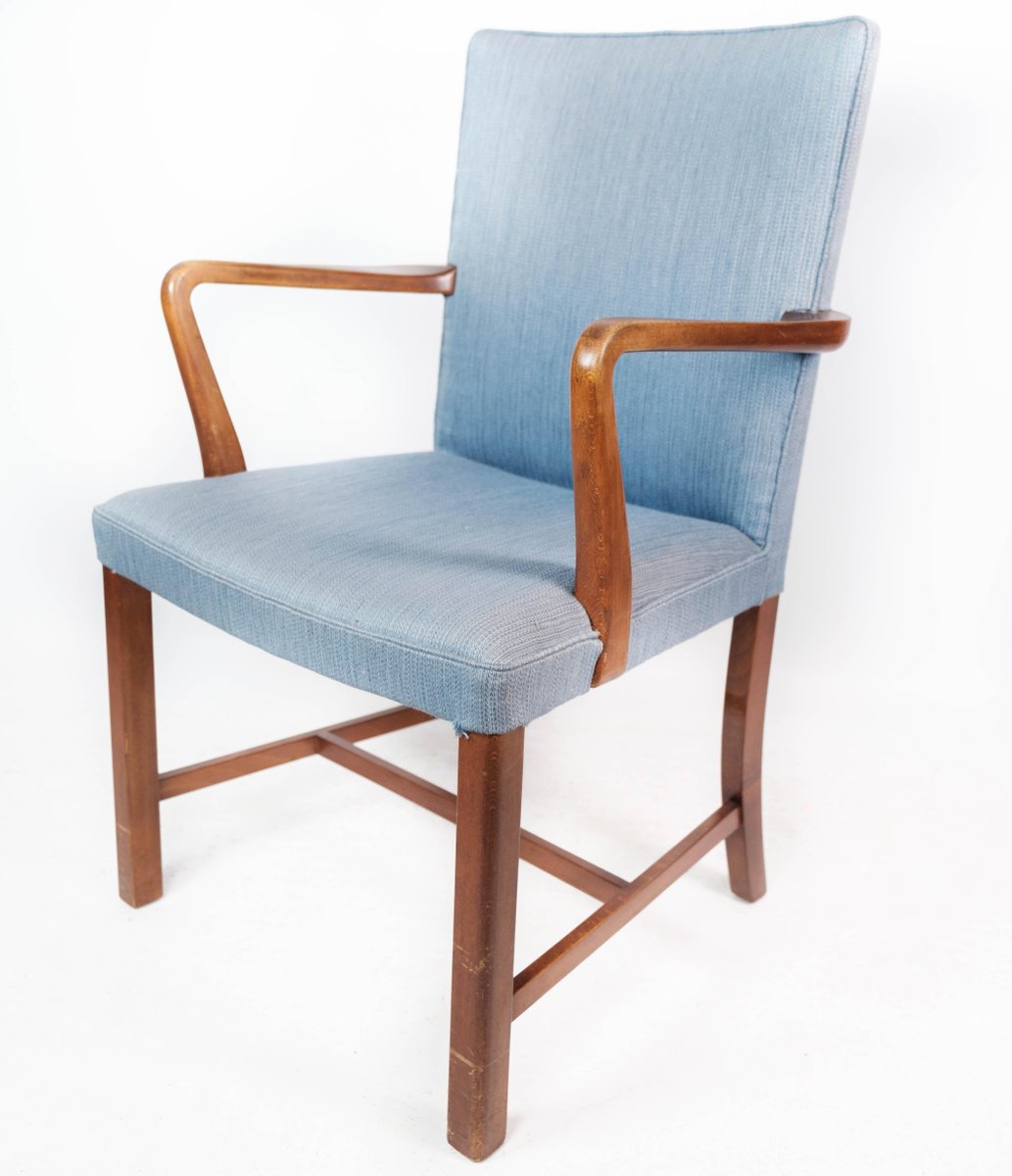 Mahogany and Light Blue Fabric Armchair by Fritz Hansen