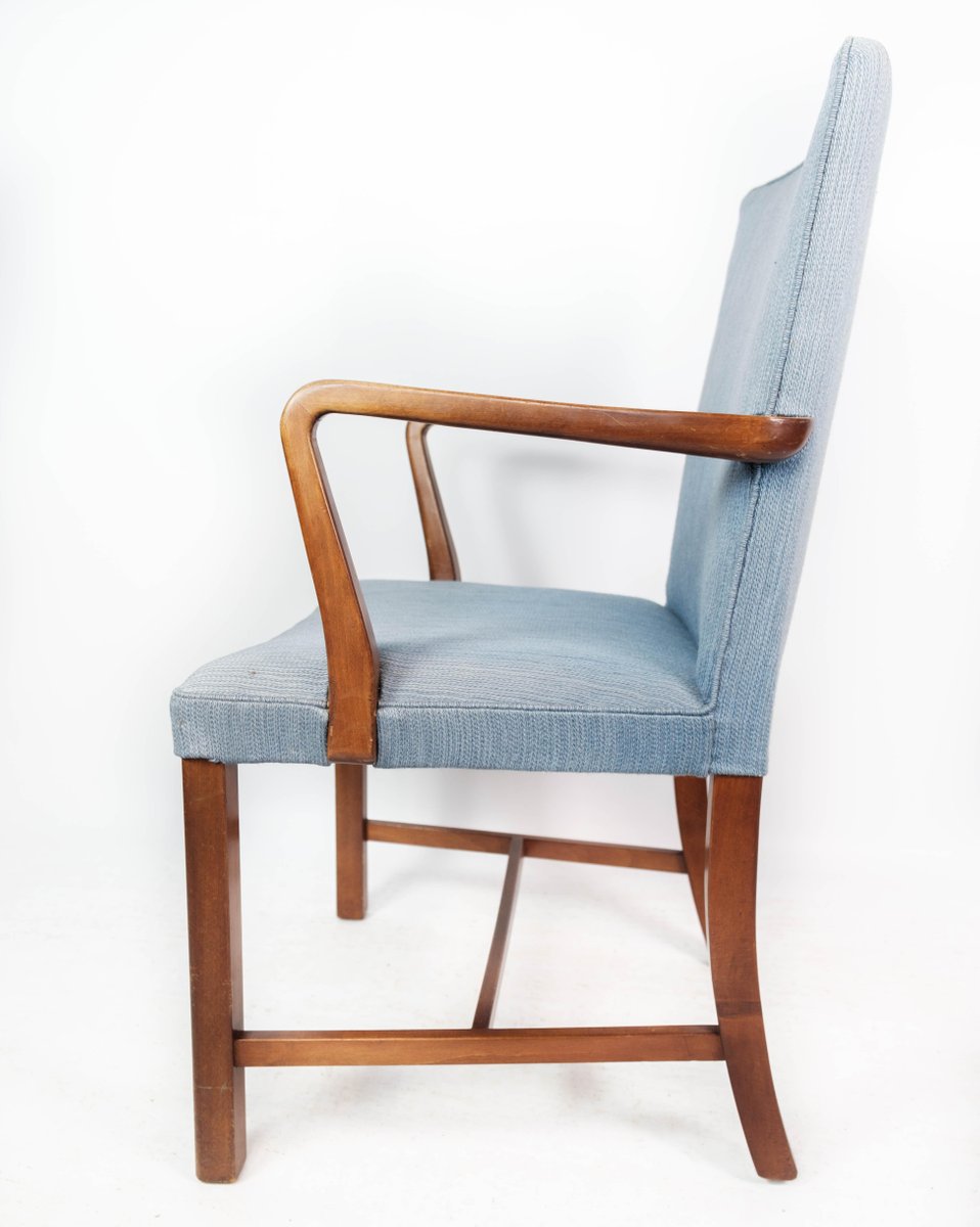 Mahogany and Light Blue Fabric Armchair by Fritz Hansen