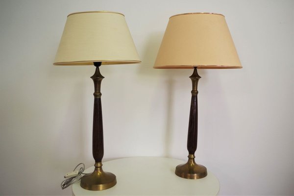 Mahogany, Brass & Cotton Hats Tale Lamps from Abat Jour, 1950s, Set of 2-KNM-910485