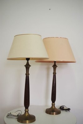 Mahogany, Brass & Cotton Hats Tale Lamps from Abat Jour, 1950s, Set of 2-KNM-910485