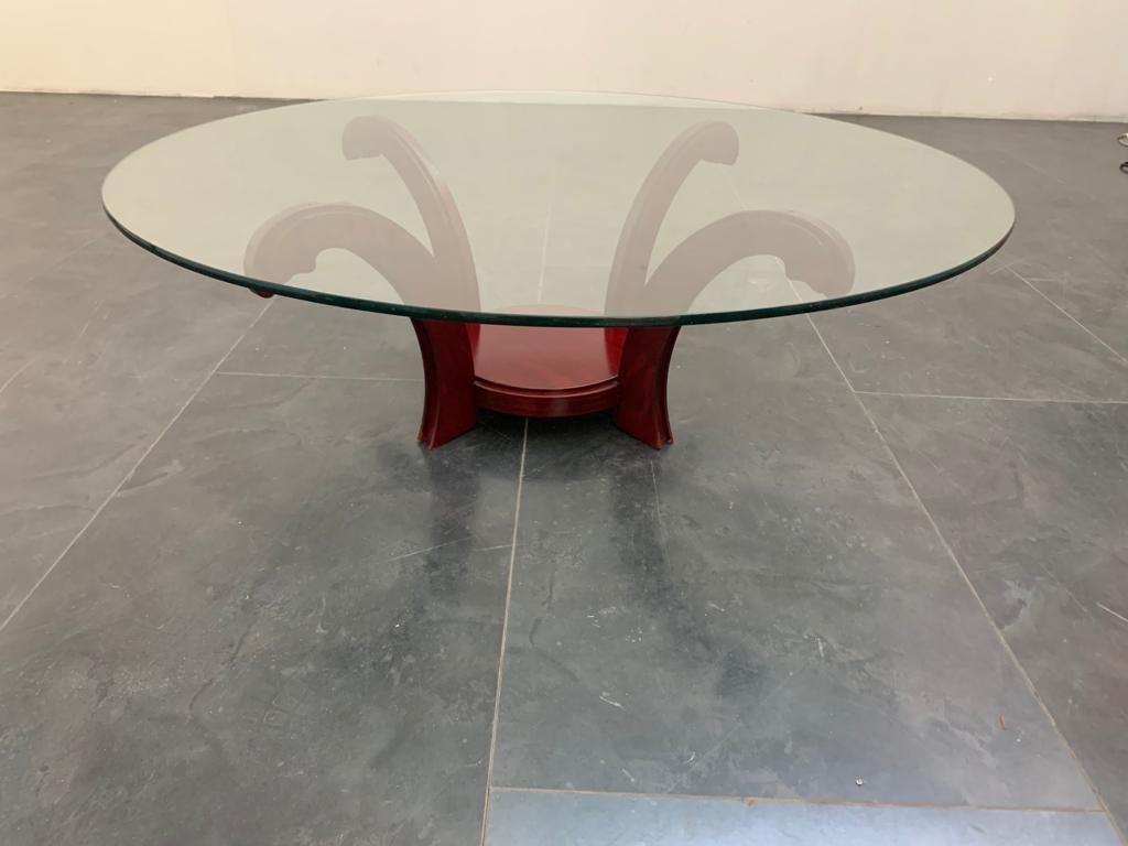 Mahogany Circular Coffee Table with Crystal, 1970s