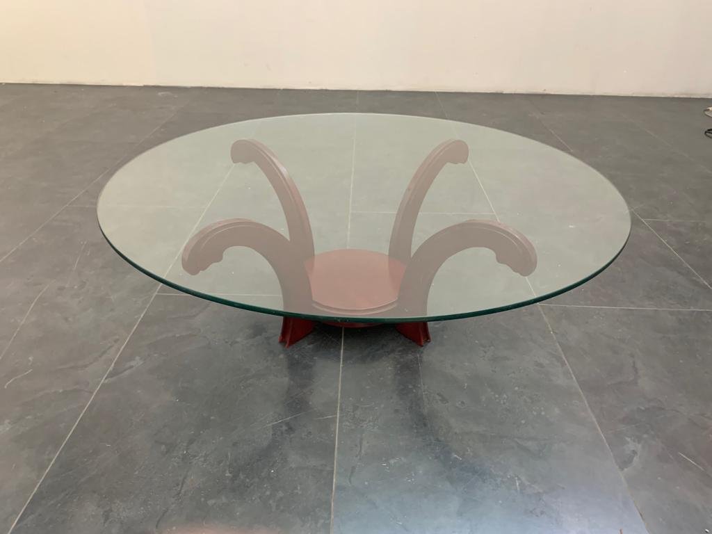 Mahogany Circular Coffee Table with Crystal, 1970s