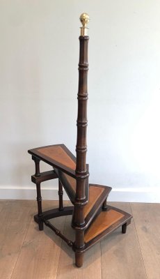 Mahogany, Leather and Brass Library Stepladder, 1940s-BA-1706068