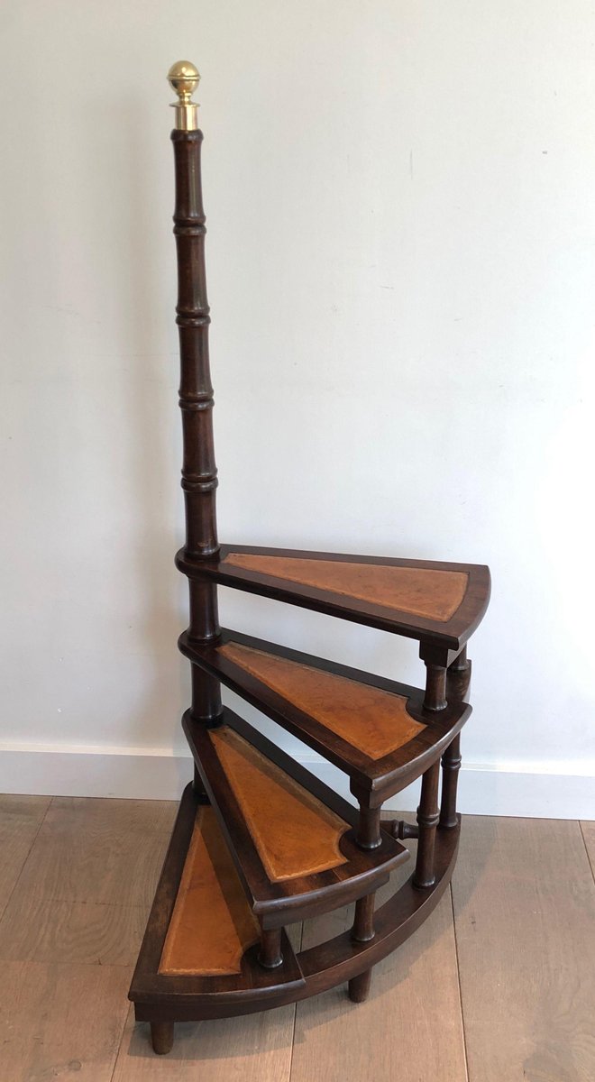 Mahogany, Leather and Brass Library Stepladder, 1940s