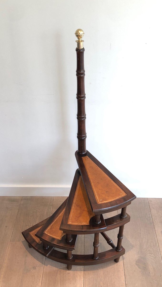 Mahogany, Leather and Brass Library Stepladder, 1940s