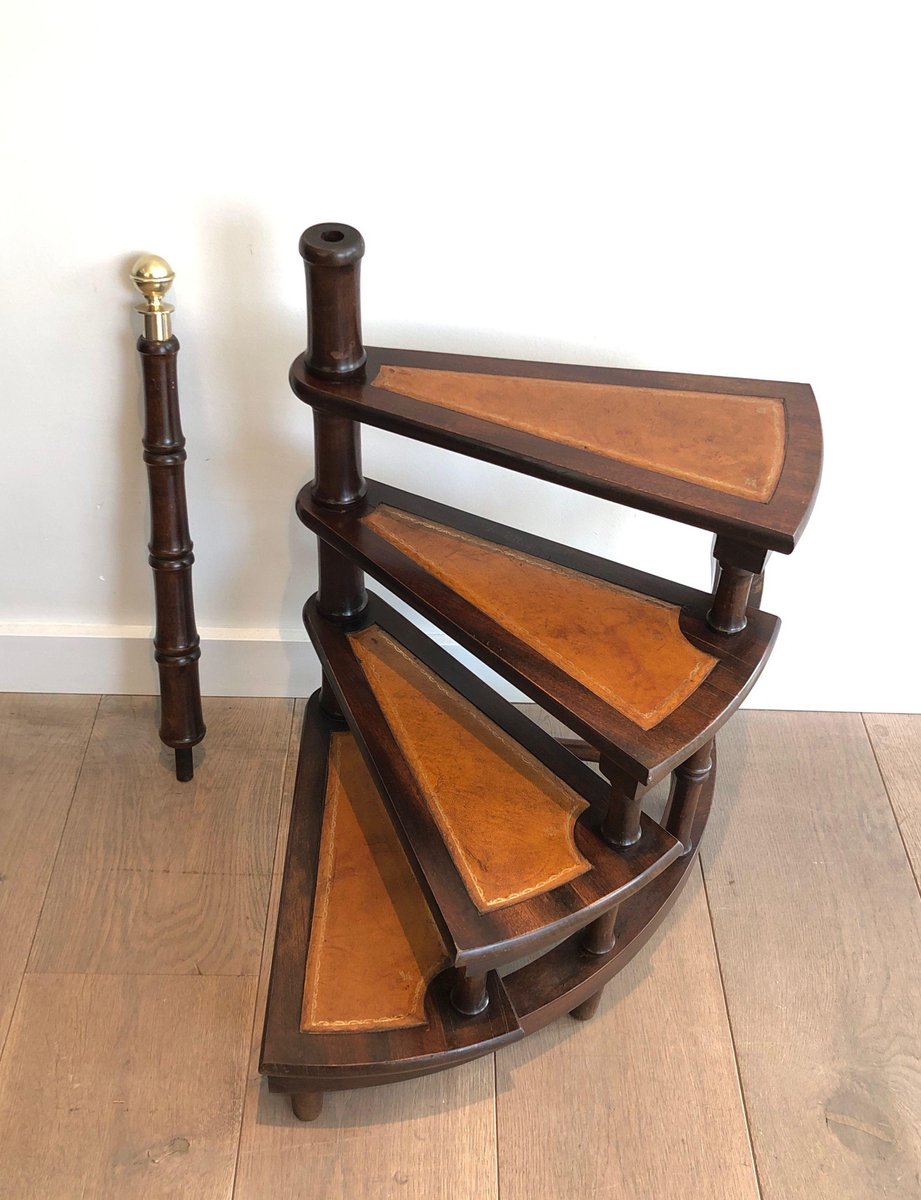 Mahogany, Leather and Brass Library Stepladder, 1940s