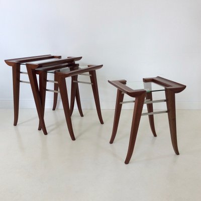 Mahogany Nesting Tables by Maxime Old, France, 1940, Set of 3-EW-1058760